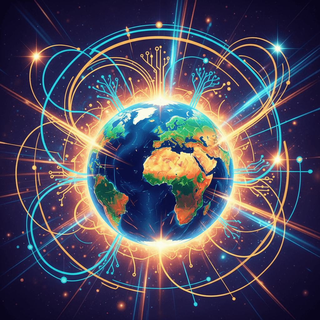 역동적인 에너지가 넘치는 지구 일러스트레이션. 행성이 성장, 혁신 또는 강력한 핵을 상징하는 에너지 선과 빛줄기를 바깥으로 내뿜고 있습니다. 모션 블러와 렌즈 플레어가 역동적인 효과를 더합니다. 대담하고 밝고 영향력 있습니다.