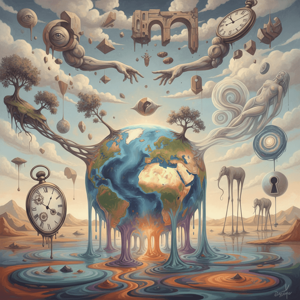 지구의 초현실적인 꿈풍경 일러스트레이션. 지구는 액체 색상으로 녹아들고, 구름은 추상적인 형태로 변하며, 중력은 유동적으로 느껴집니다. 달리의 영향을 받아 부드럽고 흐릿한 전환과 예상치 못한 병치법이 특징입니다.