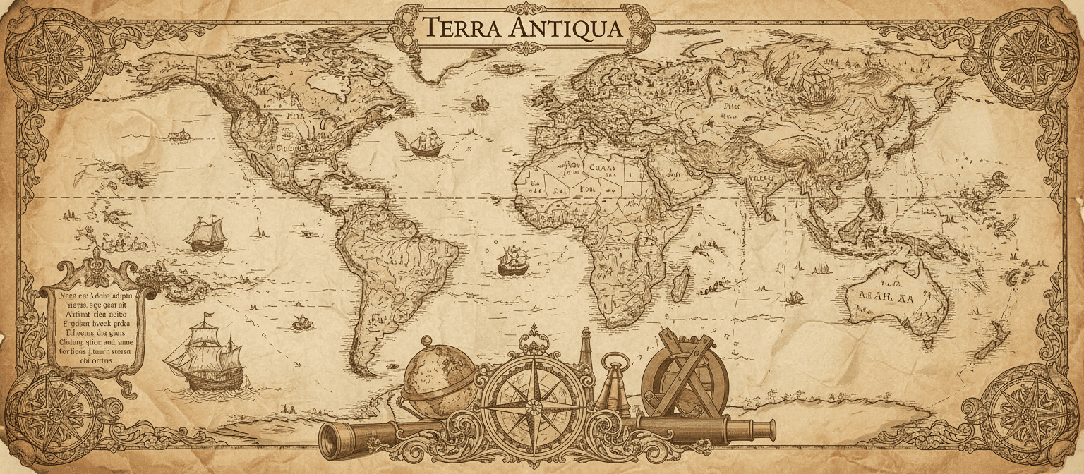 오래된 양피지 질감의 빈티지 지도 스타일 지구 일러스트, 세부적인 대륙, 세피아 톤.