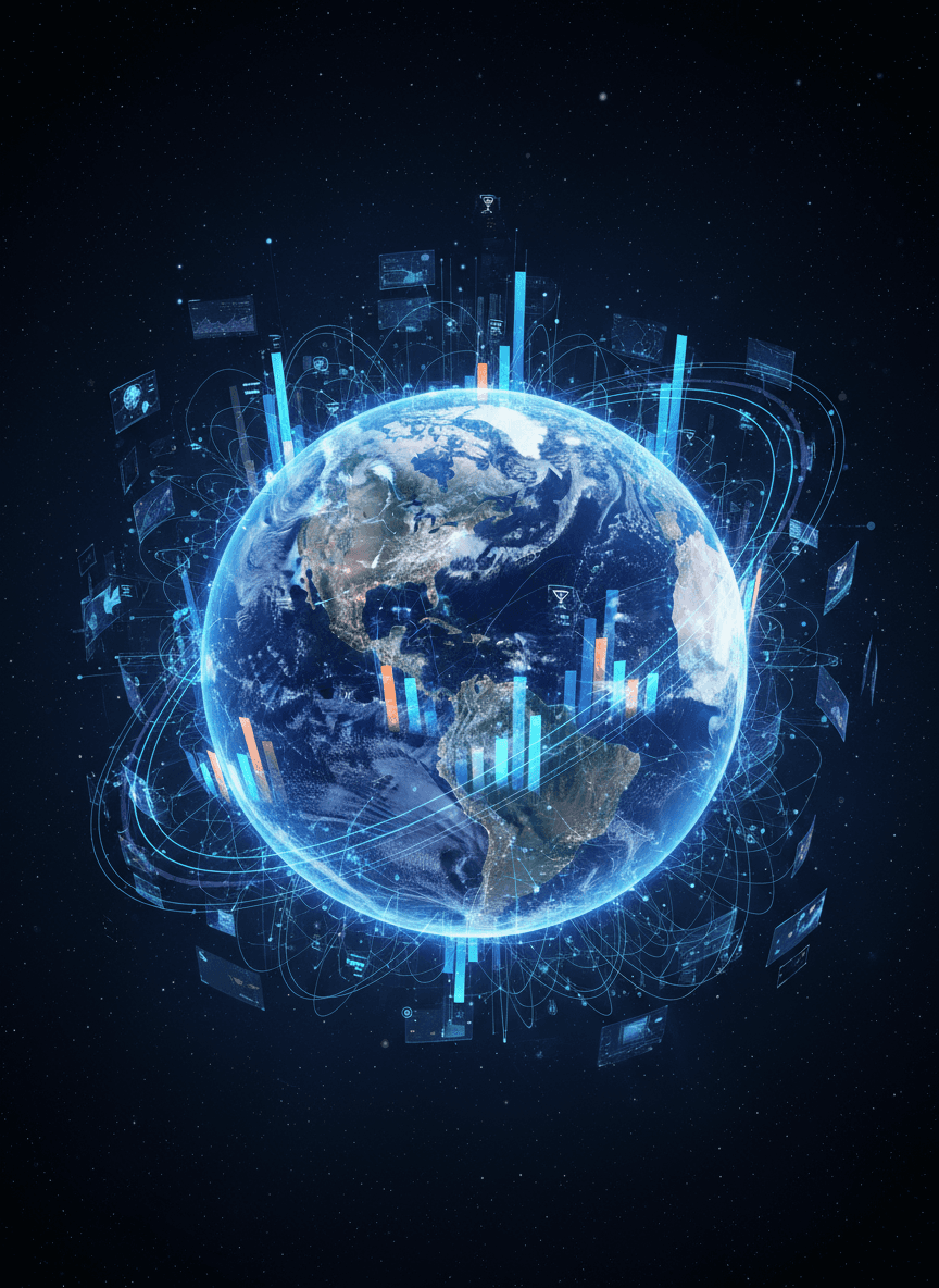 데이터 시각화 지구 일러스트레이션. 지구 표면은 빛나는 네트워크 선, 막대 그래프, 데이터 포인트로 덮여 있으며, 전 세계 정보 흐름, 연결성, 빅데이터를 나타냅니다. 미래적이고 고도로 상세한 디지털 그래픽입니다.