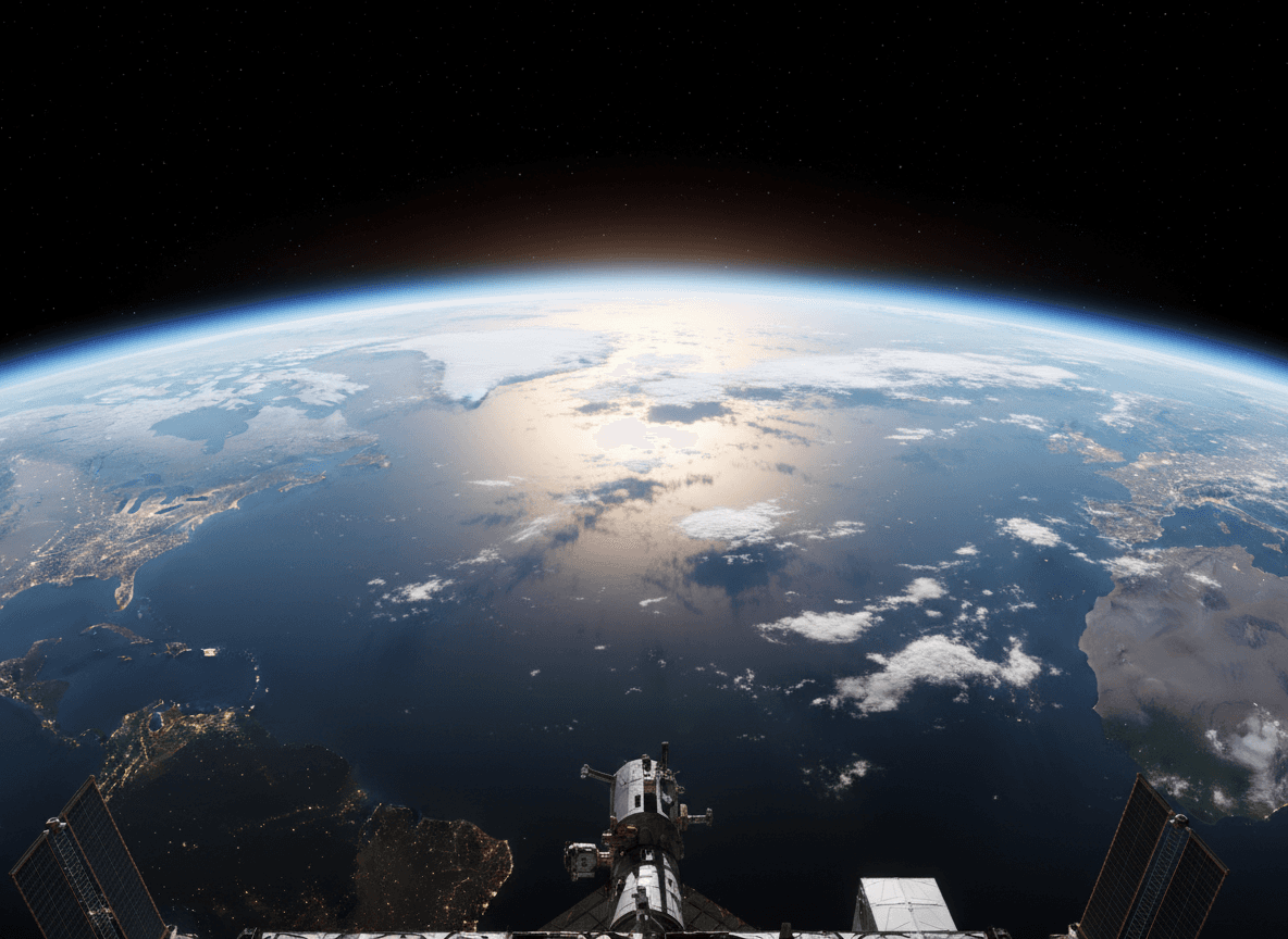 구름과 햇빛이 바다에 반사되는 낮은 궤도에서 본 지구의 사실적인 일러스트.