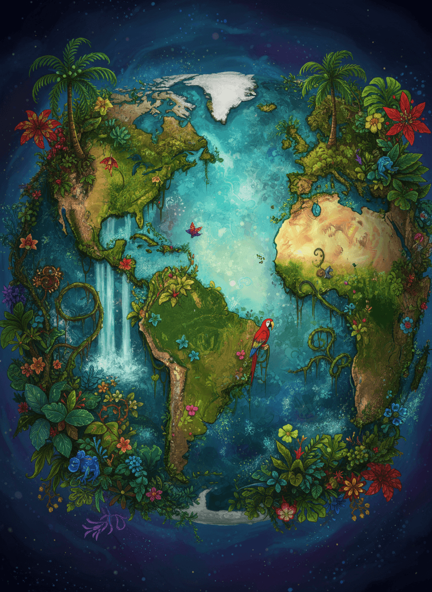 대륙이 울창한 열대우림으로 표현된 생생한 지구 일러스트, 이국적인 식물과 동물로 가득함, 선명한 색상.