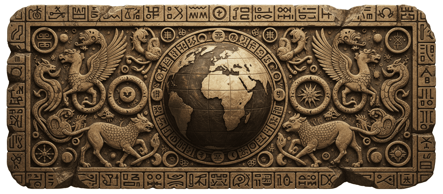 풍화된 질감의 고대 석각 지구 일러스트, 신화 속 생물과 상징으로 둘러싸여, 역사적인 예술 스타일.