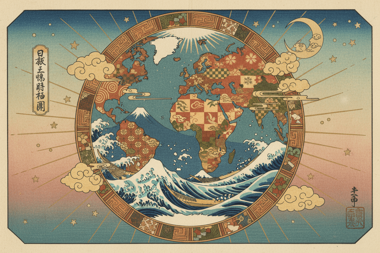 지구의 우키요에 일본 판화 스타일 일러스트.