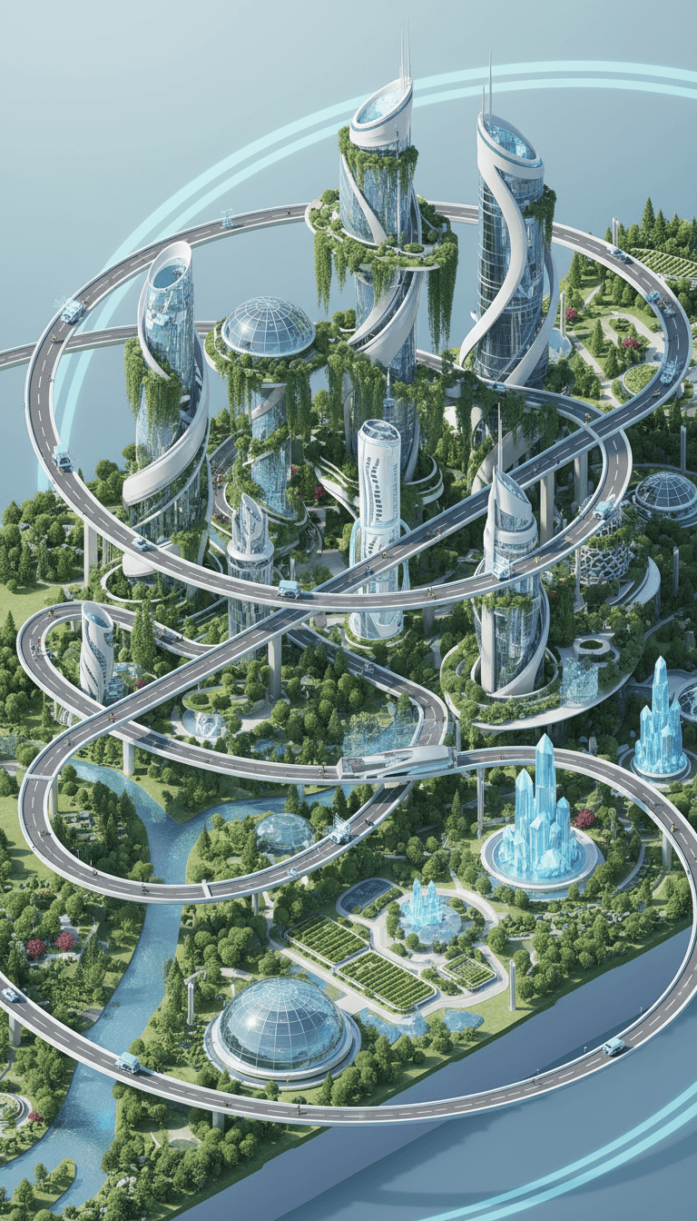 지구 표면에 건설된 미래 도시의 등각 투영 3D 일러스트.