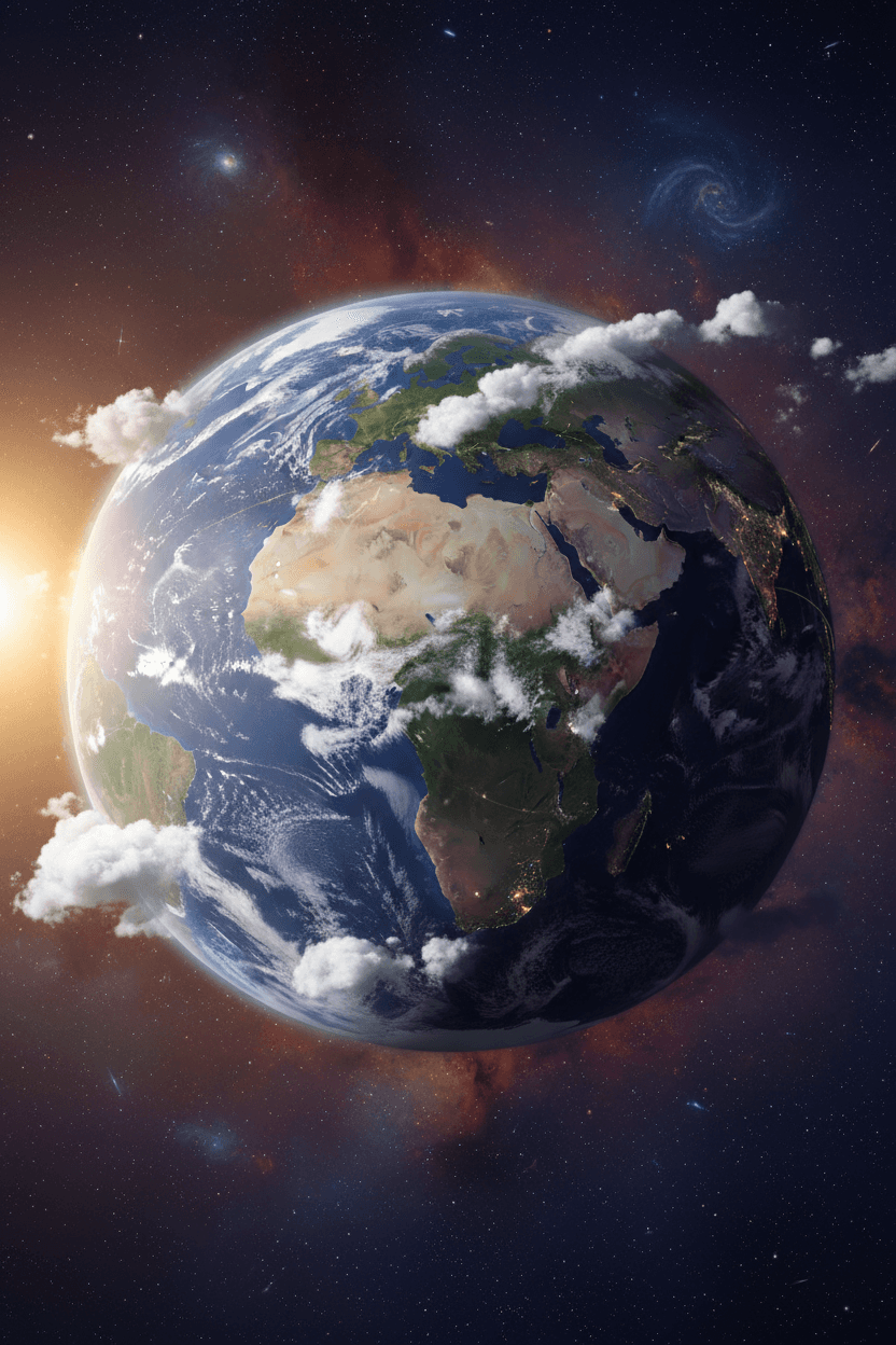 활기찬 디지털 일러스트레이션으로 우주에서 바라본 지구의 모습. 소용돌이치는 푸른 바다, 울창한 녹색 대륙, 뭉게뭉게 흰 구름이 섬세하고 반사실적인 스타일로 따뜻한 조명 아래 묘사되어 있습니다. 은은하게 빛나는 선으로 전 세계적인 연결성을 표현했습니다.