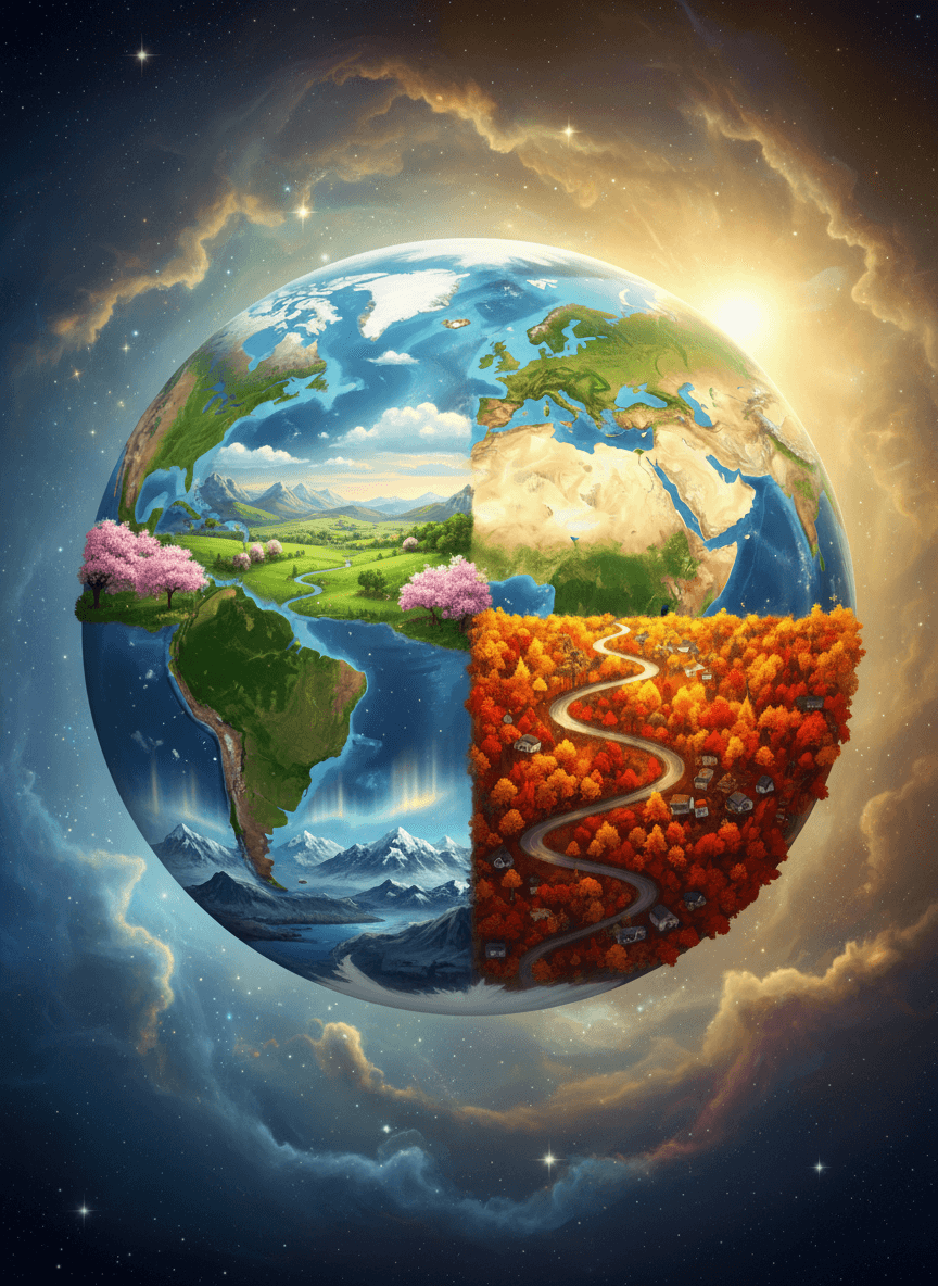 대륙별로 뚜렷한 계절 변화(봄, 여름, 가을 숲, 눈 덮인 겨울)가 보이는 지구 일러스트, 조화로운 구성.