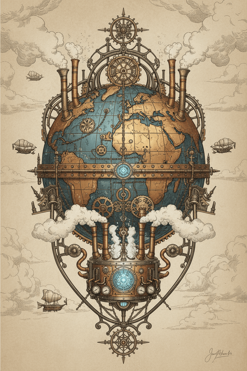 톱니바퀴와 증기로 구동되는 복잡한 기계식 구형 지구의 스팀펑크 일러스트.