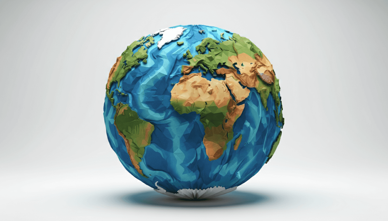 종이접기 예술 지구 일러스트레이션. 대륙과 바다는 정교하게 접힌 종이 모양으로 형성되어, 조각적이고 다차원적인 표현을 만듭니다. 깔끔한 선, 기하학적이며, 장인의 솜씨가 느껴집니다.