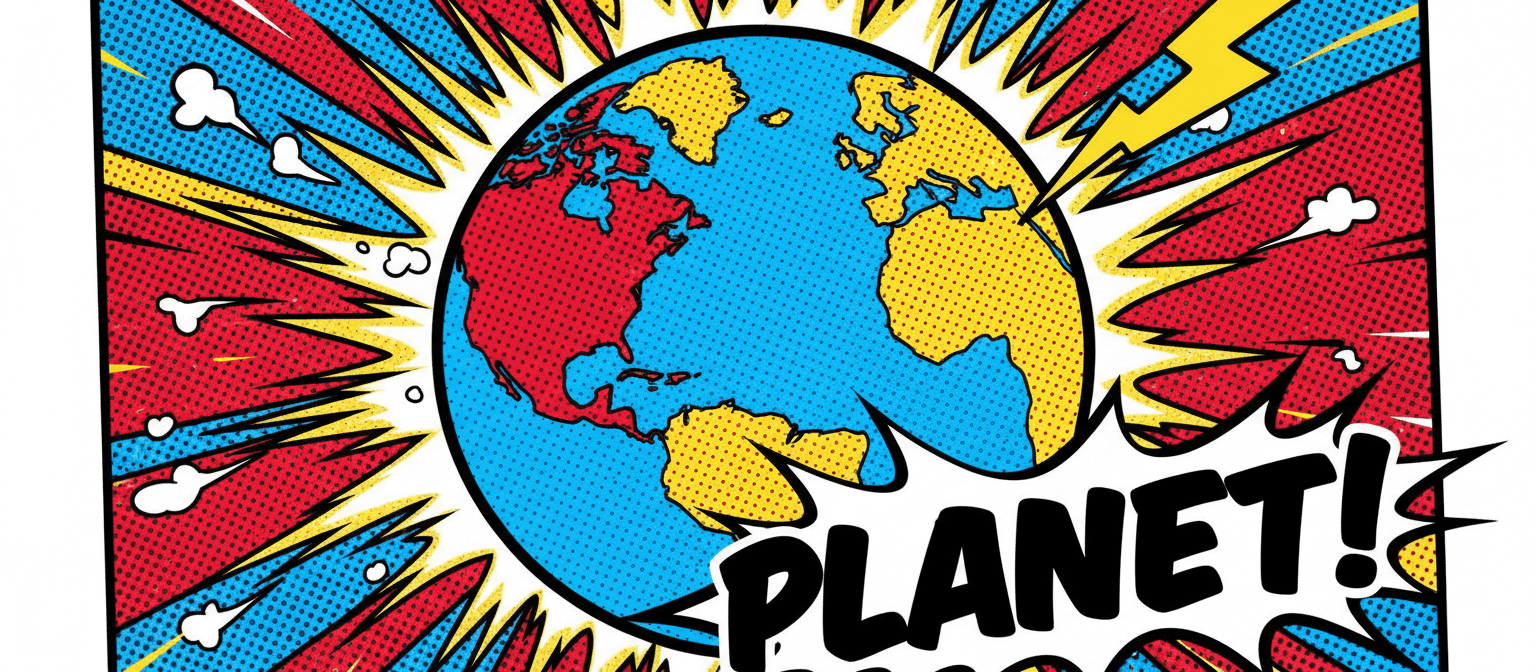 굵은 윤곽선과 원색의 팝아트 지구 일러스트.