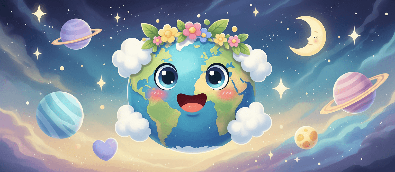 크고 친근한 눈과 미소를 가진 즐거운 카툰 지구 캐릭터 삽화가 다채로운 별들 사이에서 떠다니고 있습니다.
