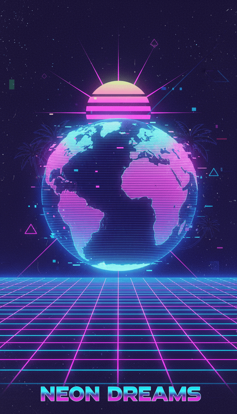 네온색과 글리치 효과가 있는 베이퍼웨이브 미학의 지구 일러스트.