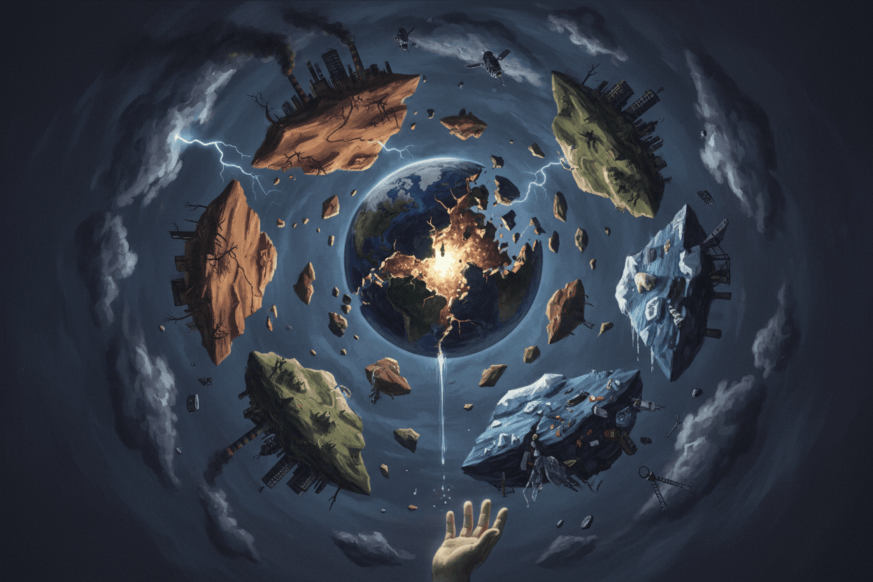 조각들이 흩어져 있는 부서진 지구 일러스트, 환경 문제 상징, 우울한 분위기, 세밀한 디지털 페인팅.
