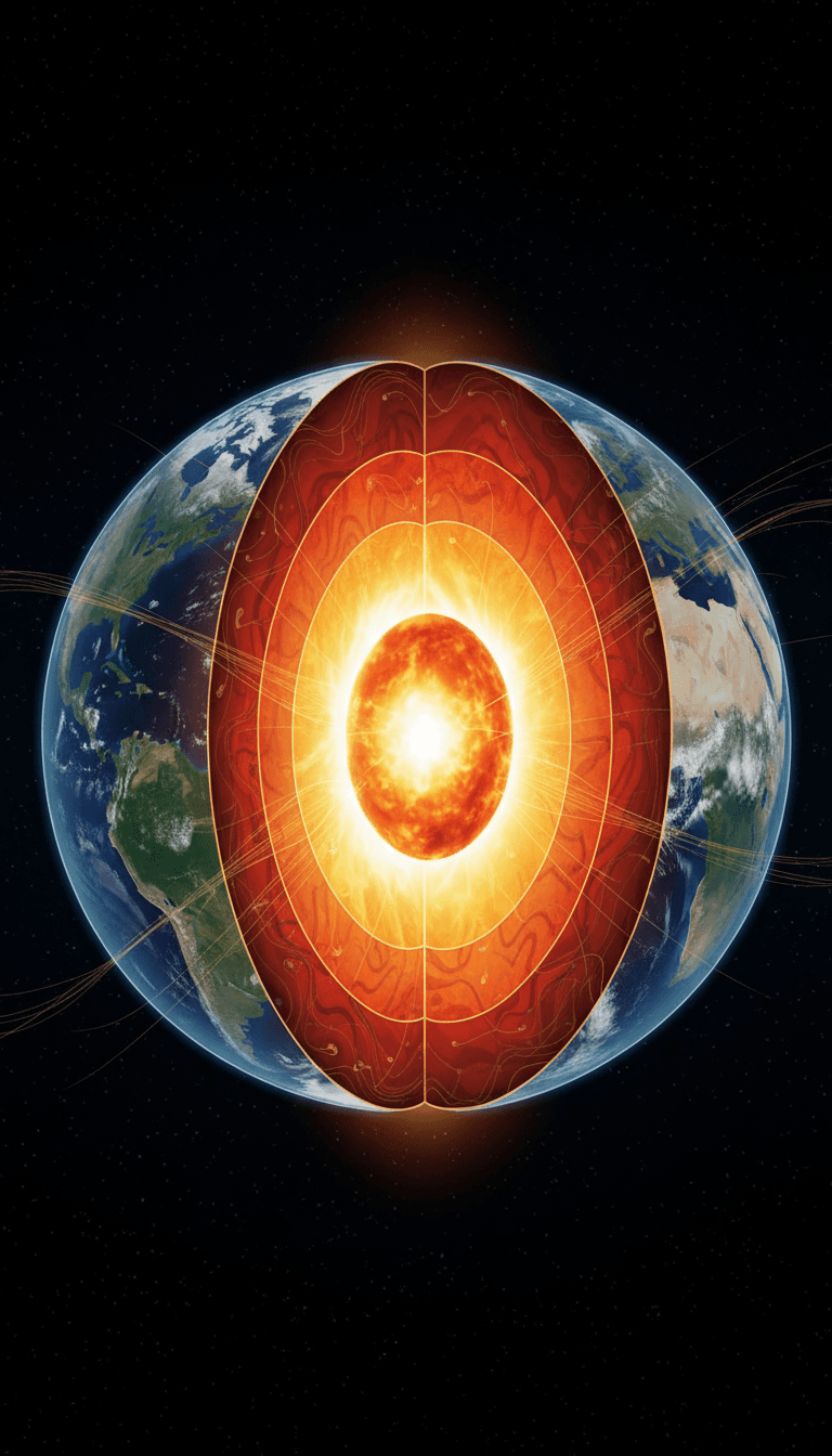 빛나는 핵이 보이는 지구 일러스트, 따뜻한 빛을 발산, 반투명한 층, 내부 에너지를 보여주는 과학적 일러스트.