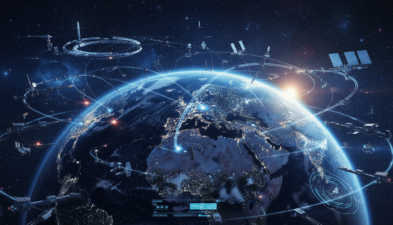빛나는 도시와 궤도를 도는 위성이 있는 미래형 지구 일러스트, 첨단 기술 미학의 디지털 아트.