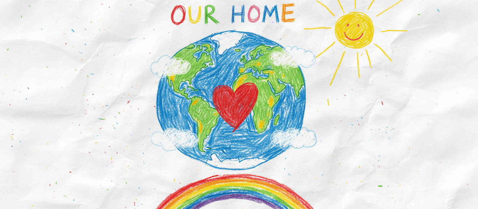 크레용 질감과 밝은 원색으로 표현된 어린이 그림 스타일의 지구 일러스트, 단순하고 진심 어린.