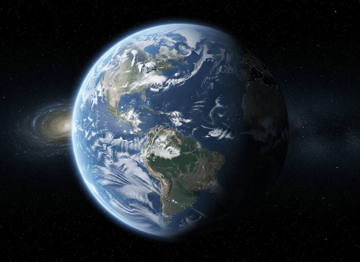 우주에서 바라본 지구의 사실적인 일러스트, 대륙, 구름, 대기광이 보인다.