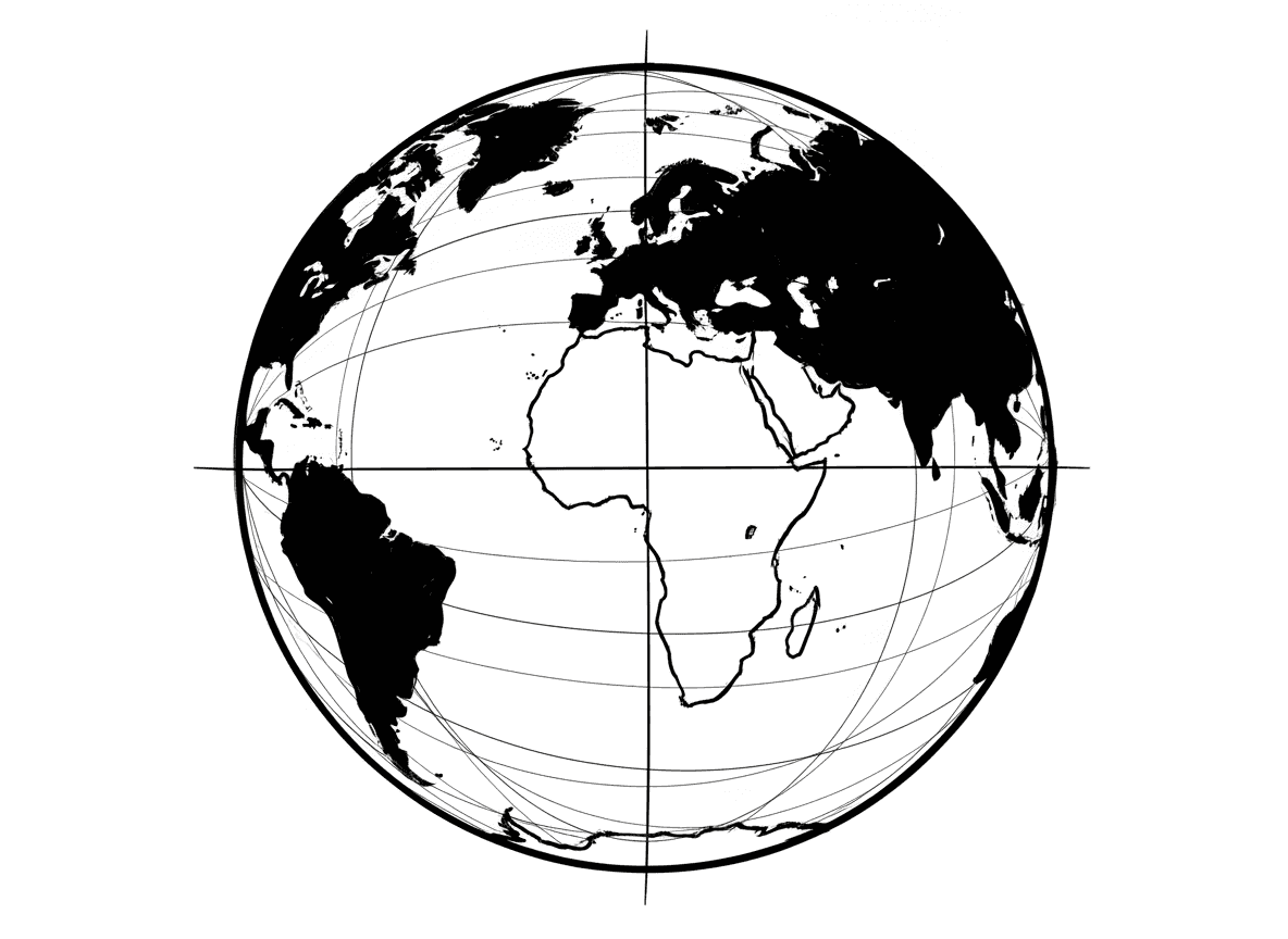 지구의 고도로 양식화된 단색 잉크 스케치 일러스트.