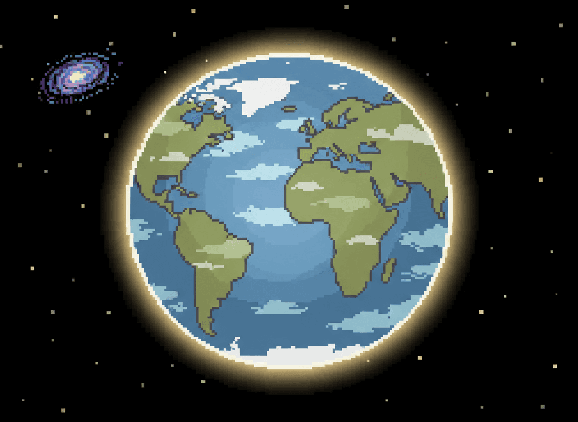 어두운 픽셀 우주 배경에 부드럽게 빛나는 픽셀 아트 지구 일러스트.