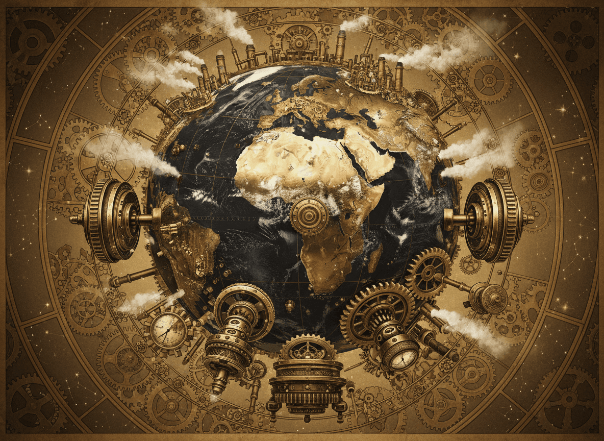 스팀펑크 지구 일러스트레이션. 지구는 복잡한 시계 장치로, 회전과 환경 시스템을 구동하는 보이는 톱니바퀴, 피스톤, 황동 악센트가 특징입니다. 산업적이고 복잡한 디테일, 따뜻한 금속성 광택이 있습니다.