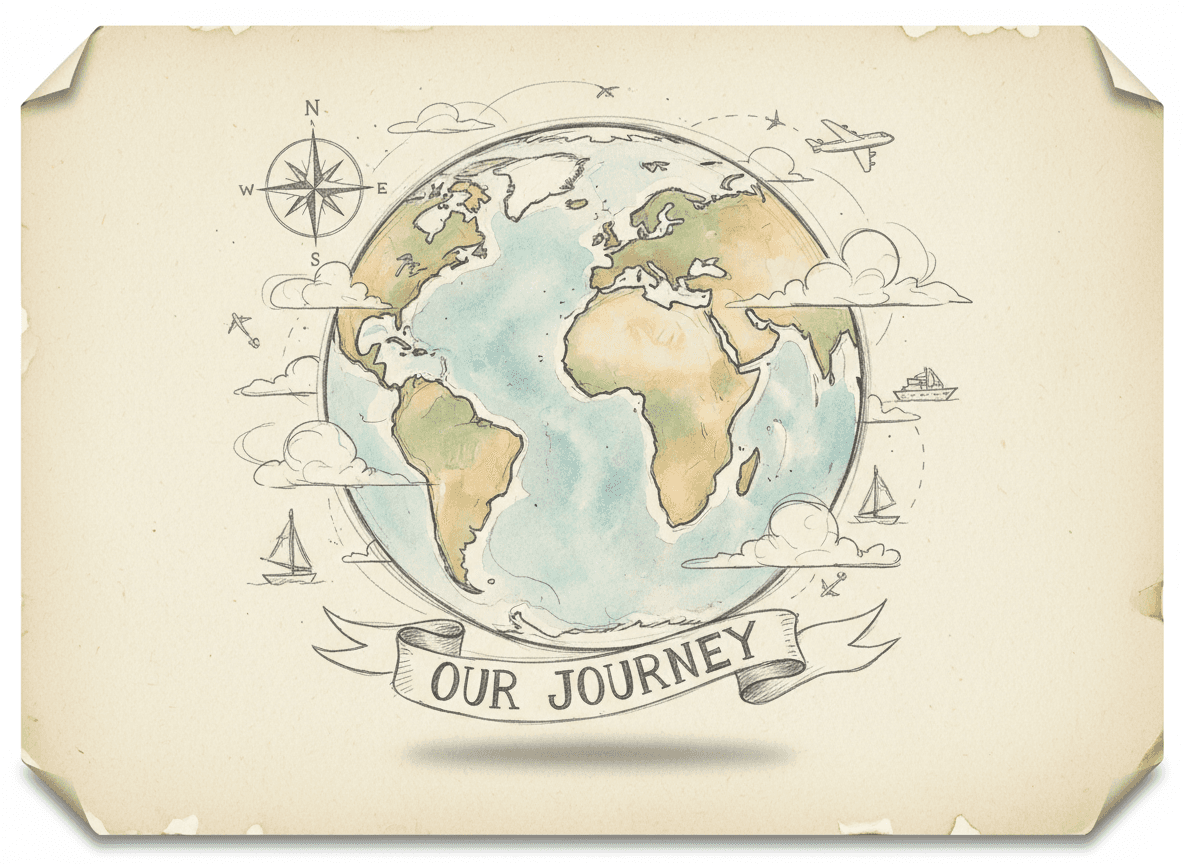 손으로 그린 스케치 스타일의 지구 일러스트레이션. 대륙과 바다는 옅은 수채화 터치가 가미된 자유로운 연필 선으로 표현됩니다. 여행 일기에 그려진 듯한 유기적이고 자연스러운 느낌이 특징입니다. 따뜻하고 부드러운 색상 팔레트.