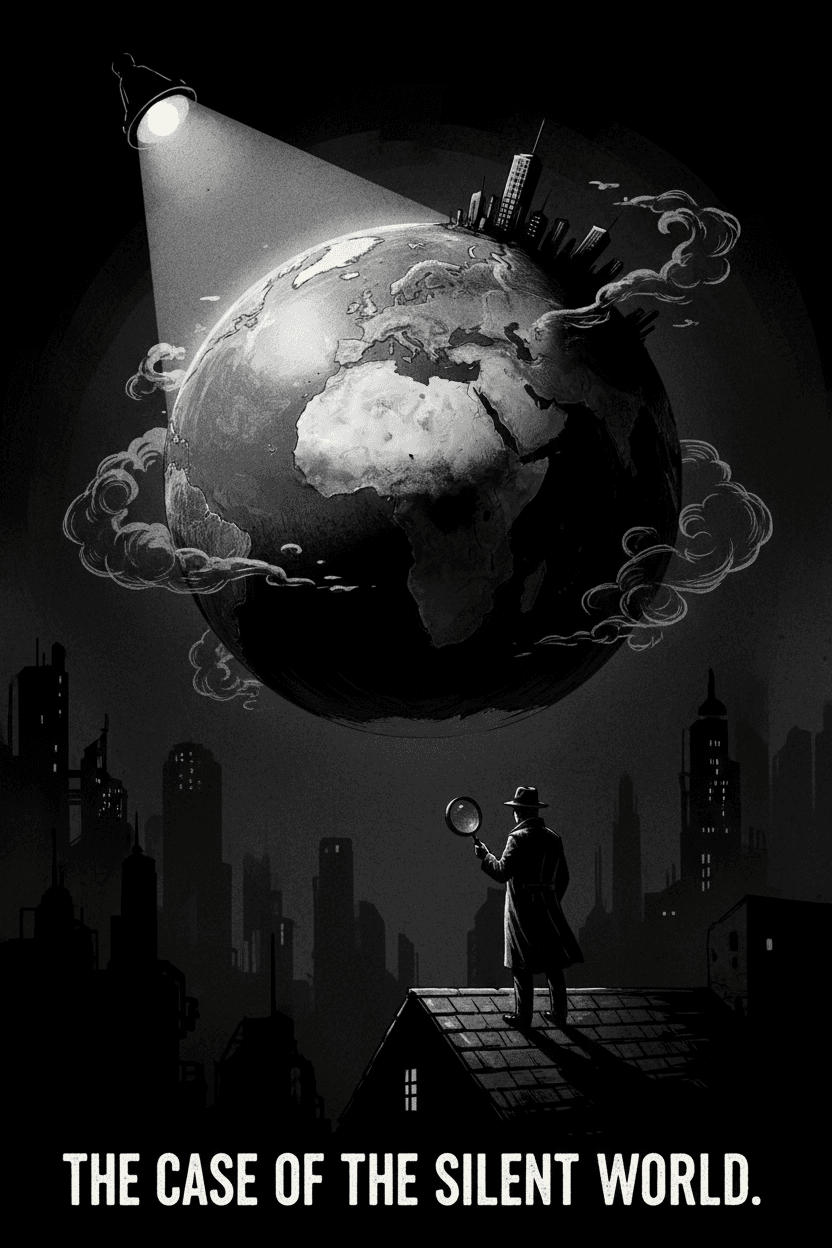 흑백 필름 느와르 스타일의 지구 일러스트레이션. 지구는 극적으로 조명되어 짙은 그림자를 드리웁니다. 신비로운 분위기, 아마도 대륙이나 도시를 강조하는 하나의 광원이 있을 수 있습니다. 고전적인 탐정 이야기 분위기.