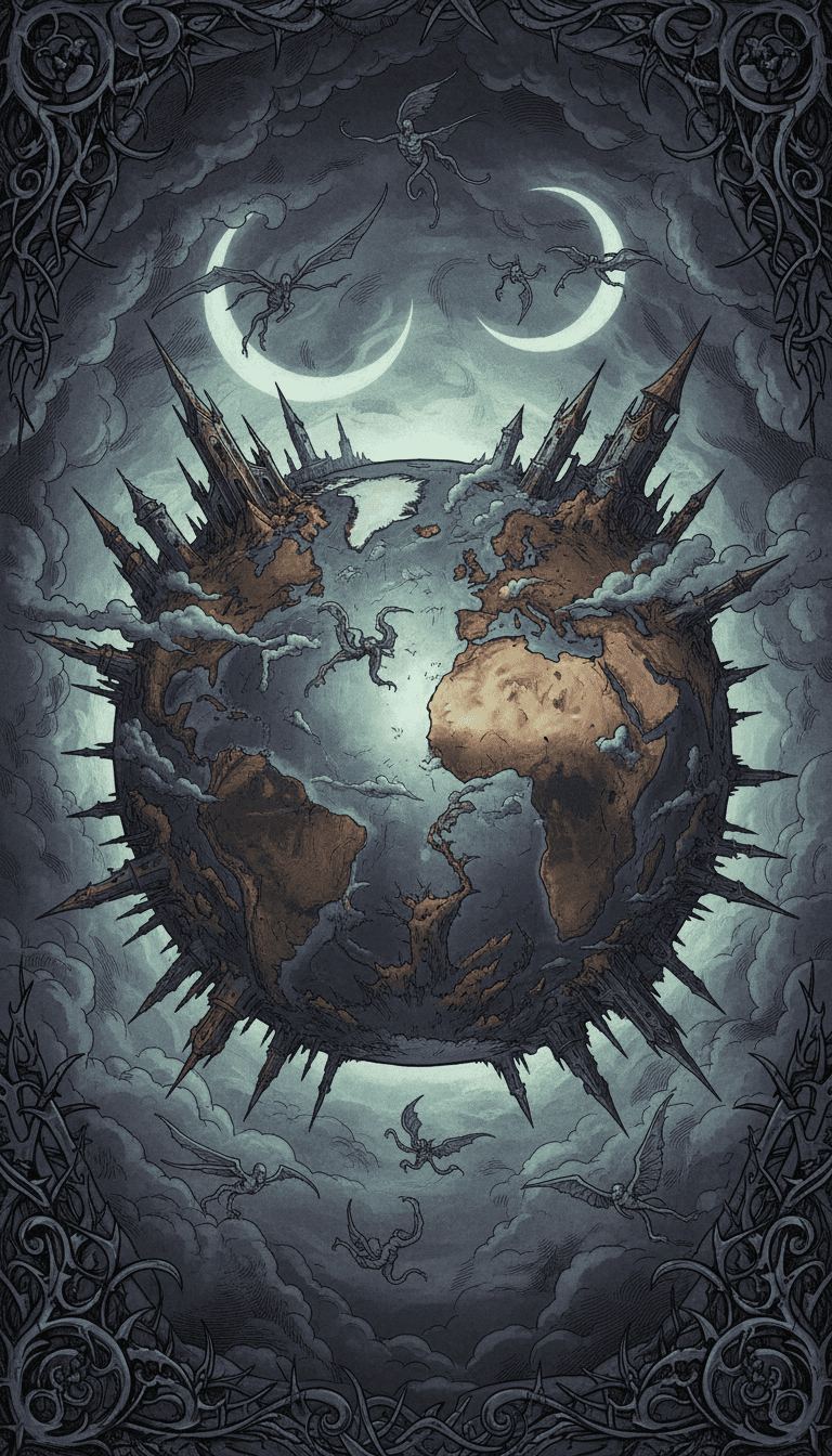 어둡고 신비로운, 안개와 불길한 구름에 휩싸인 고딕 스타일의 지구 일러스트.