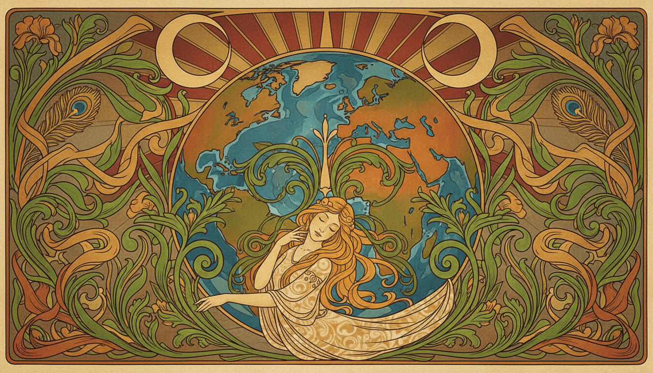 아르누보 스타일의 지구 일러스트레이션. 지구는 우아하게 흐르는 덩굴, 잎사귀, 유기적인 패턴 선과 얽혀 있습니다. 풍부한 흙색 톤과 금속성 금색 악센트를 특징으로 하는 대칭적인 디자인입니다. 지구를 은은하게 감싸 안는 여신 같은 모습이 있습니다.