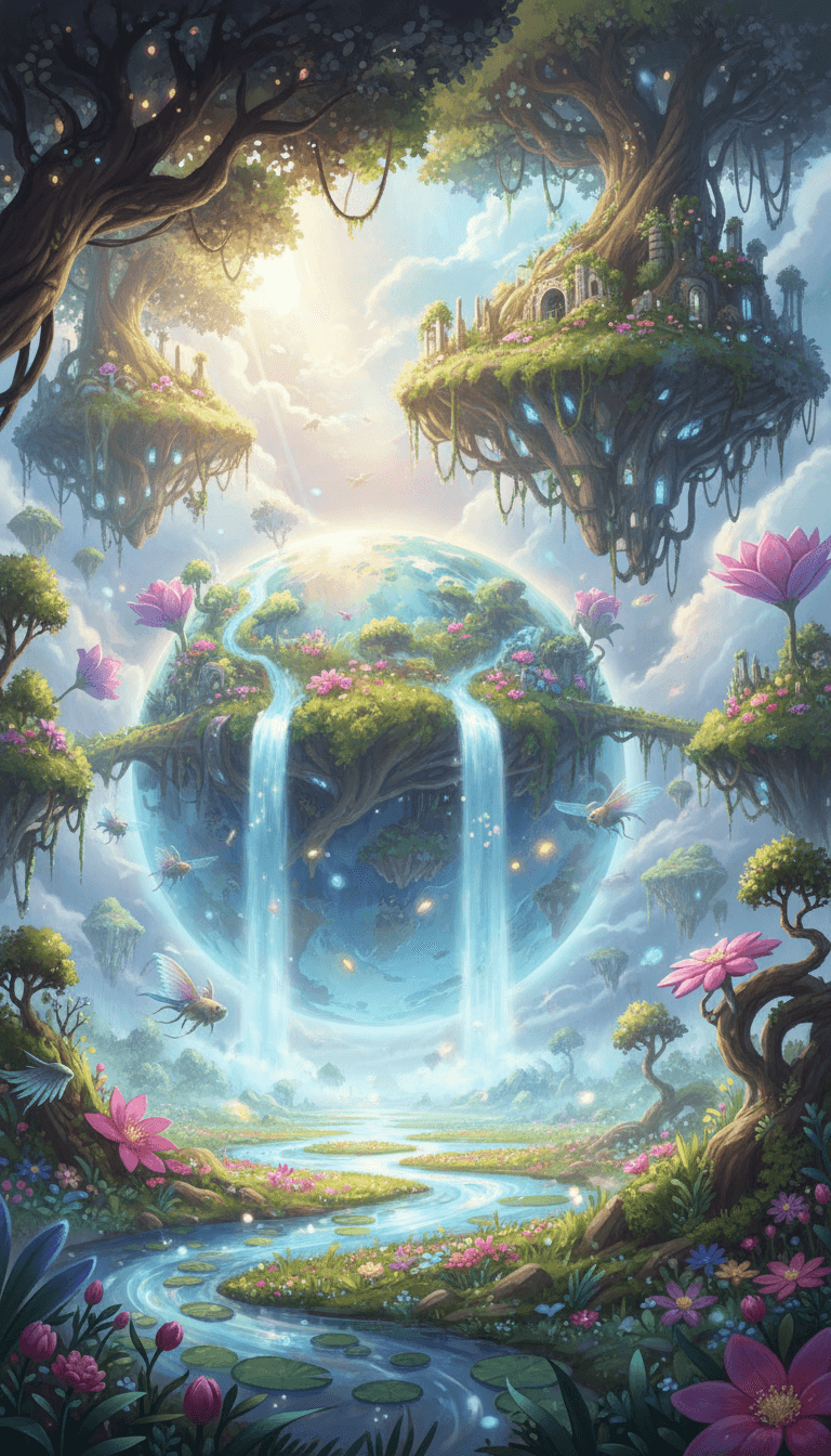 울창한 정원 세계로 변한 지구의 몽환적이고 환상적인 일러스트.