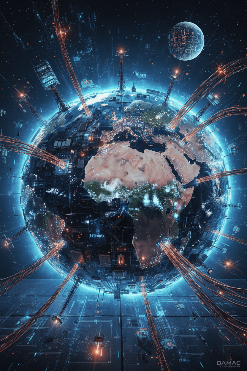 정교한 전자 회로와 부품으로 이루어진 회로 기판 형태의 지구 일러스트, 빛나는 노드, 글로벌 연결성 및 기술 상징.