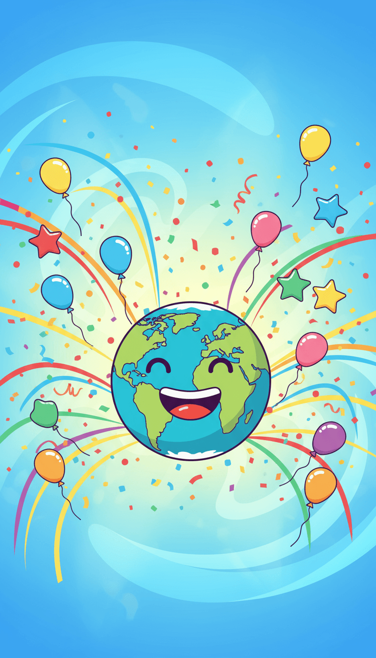 행복하게 웃는 지구 일러스트, 색종이 조각과 풍선으로 둘러싸여, 축하하는 긍정적인 분위기, 벡터 아트.