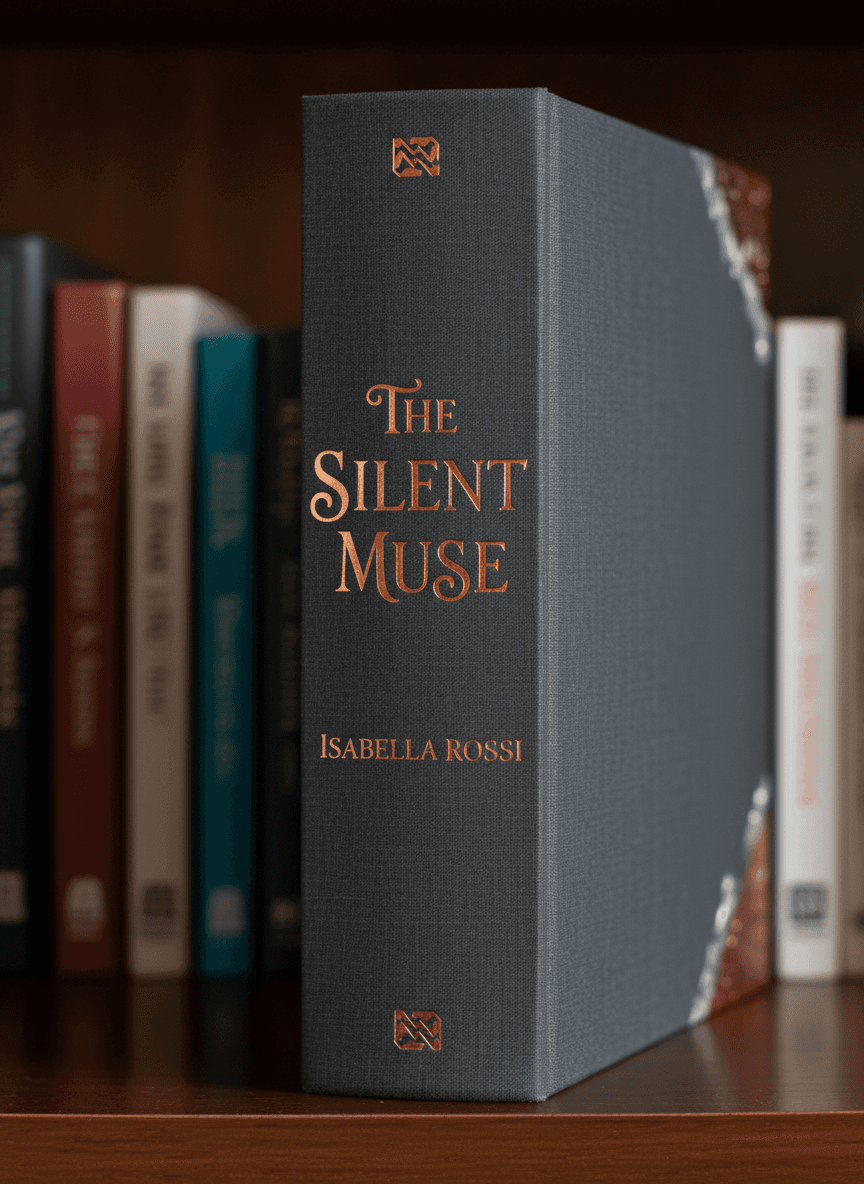 엠보싱 처리된 제목과 저자가 새겨진 하드커버 책 등 목업의 클로즈업. 흐릿한 책장 배경으로 고급스러운 분위기를 자아낸다.