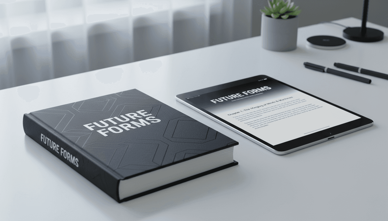 전자책 버전이 보이는 태블릿 옆의 하드커버 책 목업, 현대적인 흰색 책상, 세련된 사무실 디자인, 디지털과 물리적 통합, 전문적인 맥락.