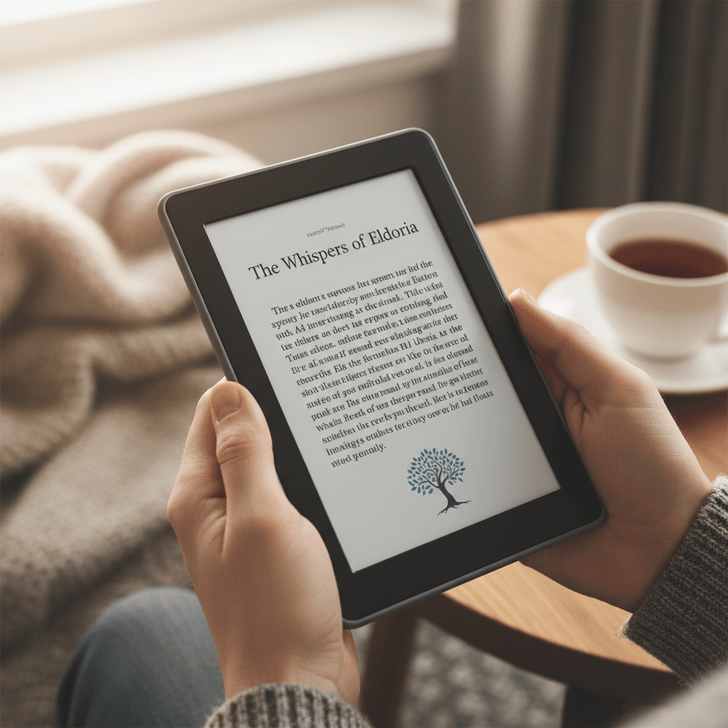 손에 들린 이리더 장치 목업에 디지털 책 콘텐츠가 표시된 모습. 아늑한 실내 분위기에서 부드러운 조명이 비친다.