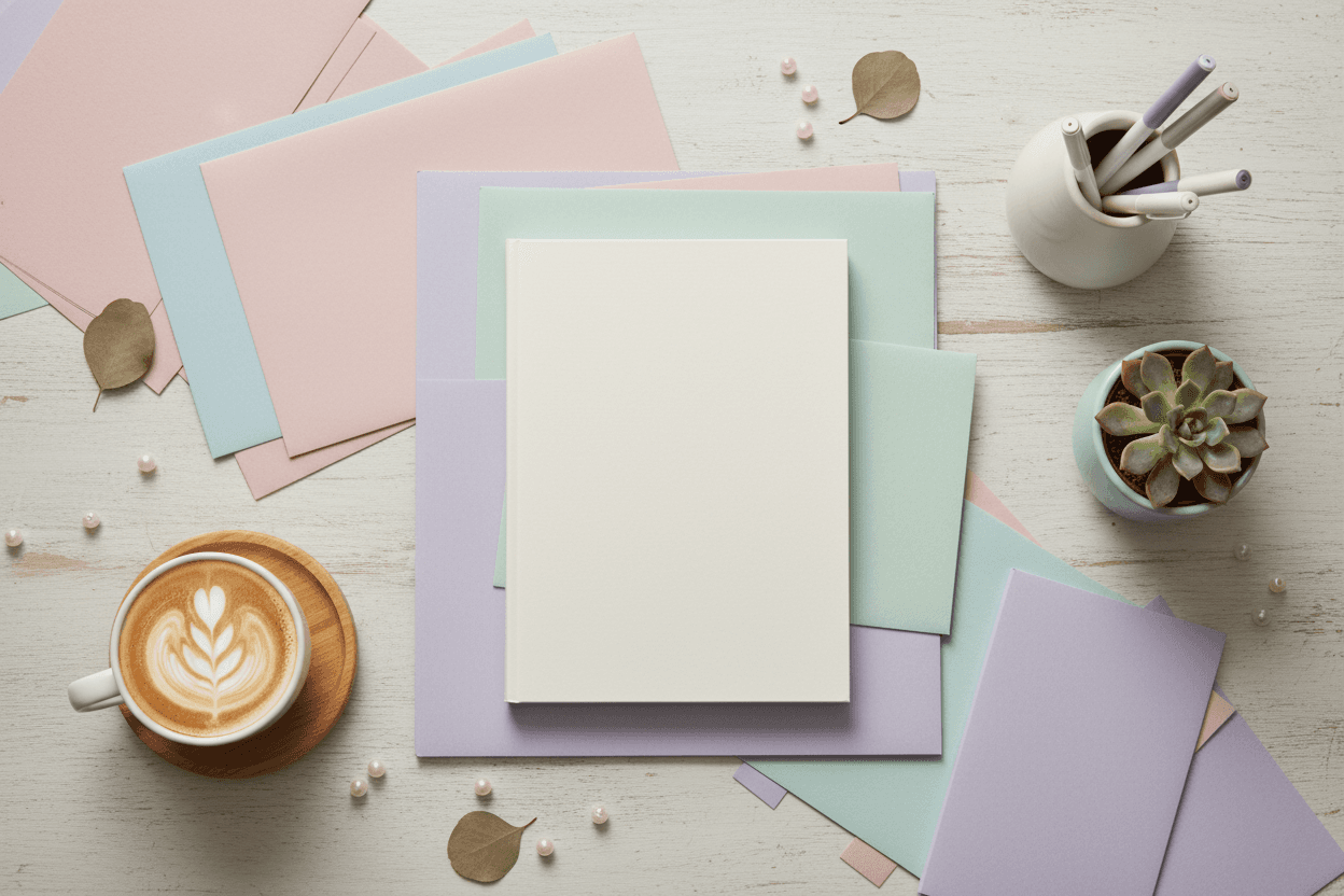 문구류, 커피 한 잔, 작은 식물과 함께 놓인 평평한 책 목업. 위에서 찍은 모습이며 부드러운 자연광이 비친다.