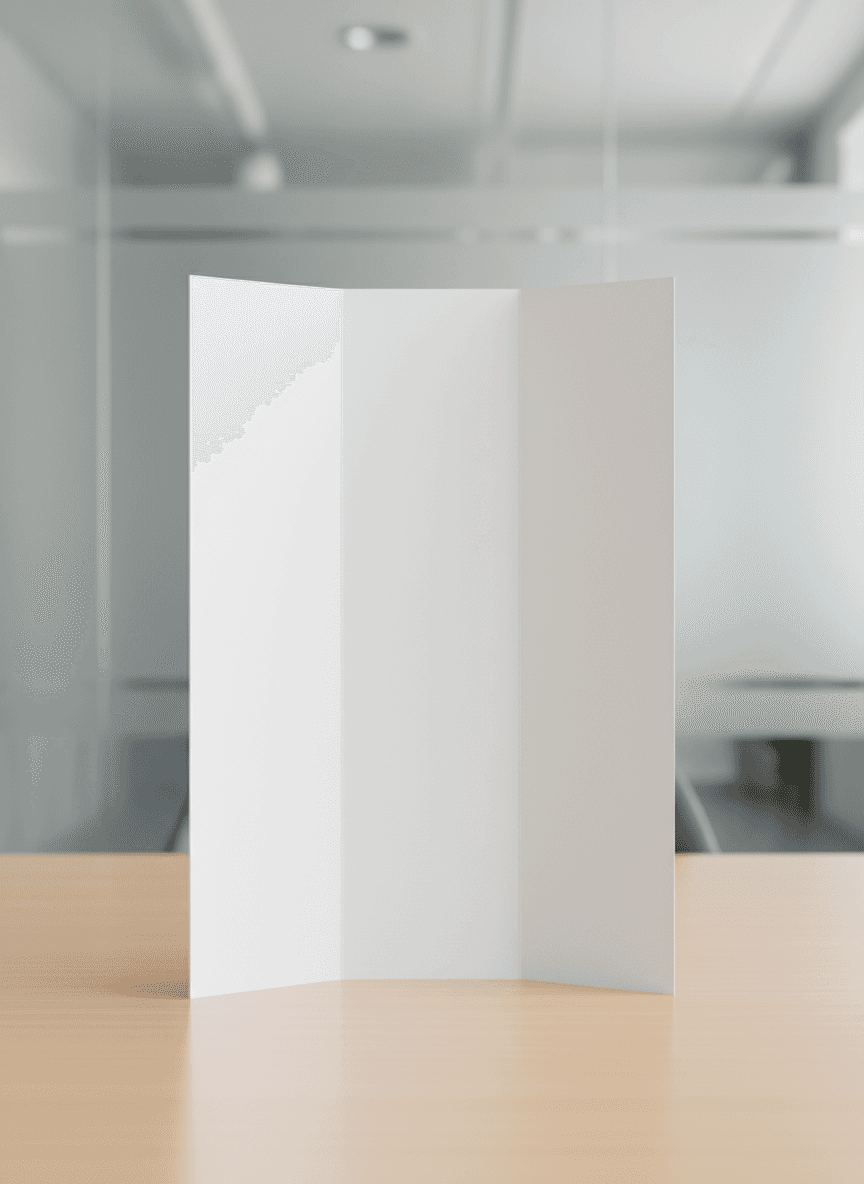 깔끔한 배경의 간단한 책상 위에 세워져 있는 삼단 빈 브로슈어 목업. 전문적인 비즈니스 프레젠테이션 스타일.