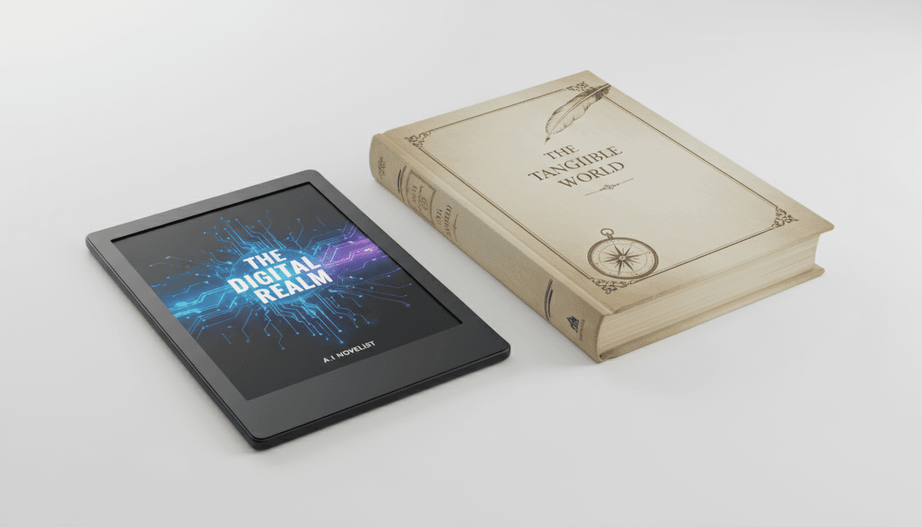 책 표지 목업을 표시하는 이북 리더기, 옆에 실물 페이퍼백이 놓여 디지털과 실물 대비 강조