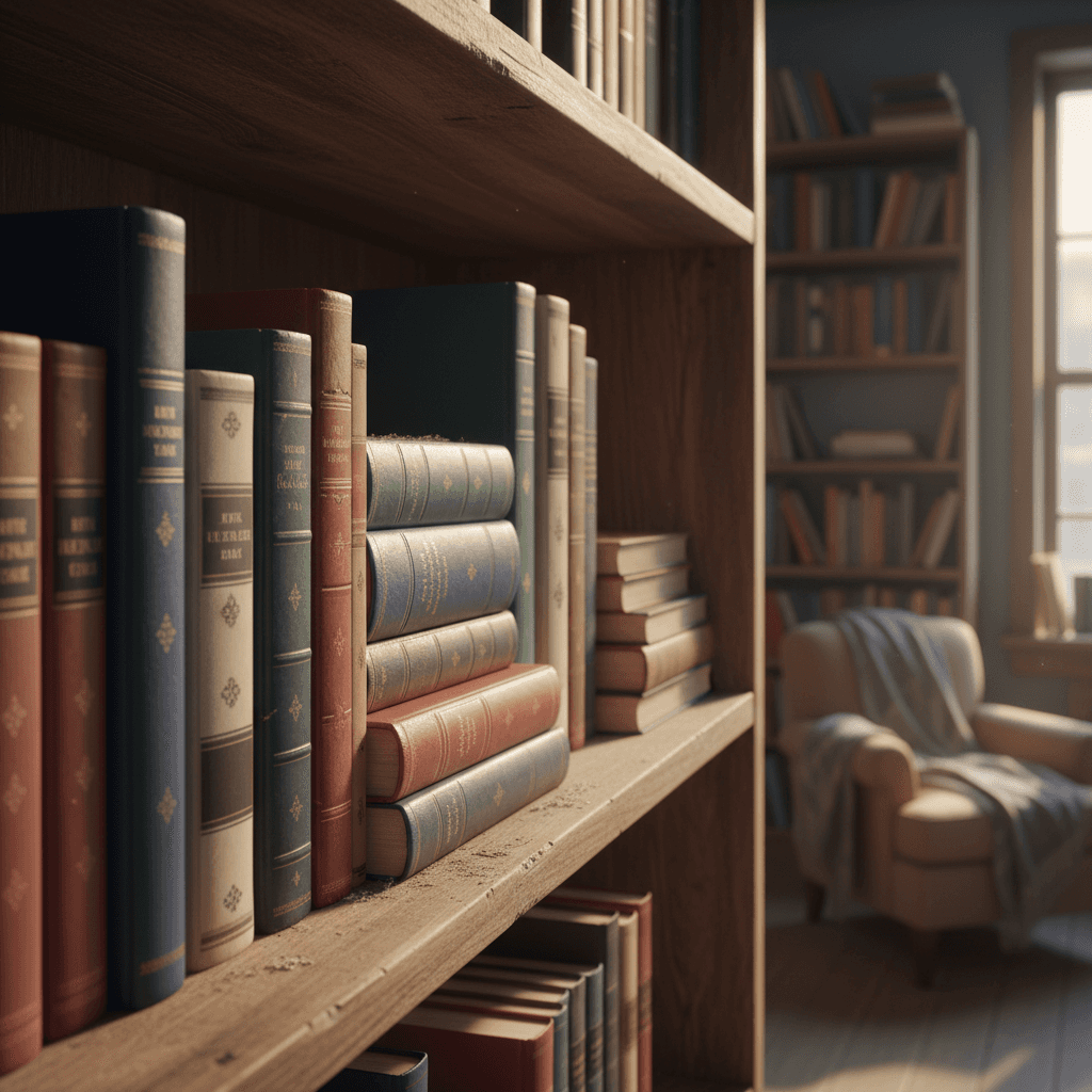 다양한 크기와 색상의 사실적인 책 목업들이 나무 서점 선반에 진열되어 있다. 아늑하고 매력적인 도서관 분위기다.