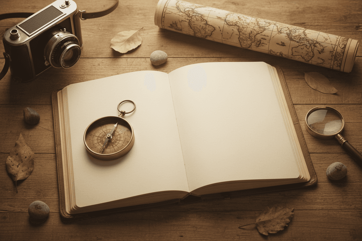 여행 일기를 연상시키는 열린 빈 책 목업. 주변에는 나침반, 빈티지 지도, 오래된 카메라가 흩어져 있고, 따뜻한 필터가 적용된 모험 테마.