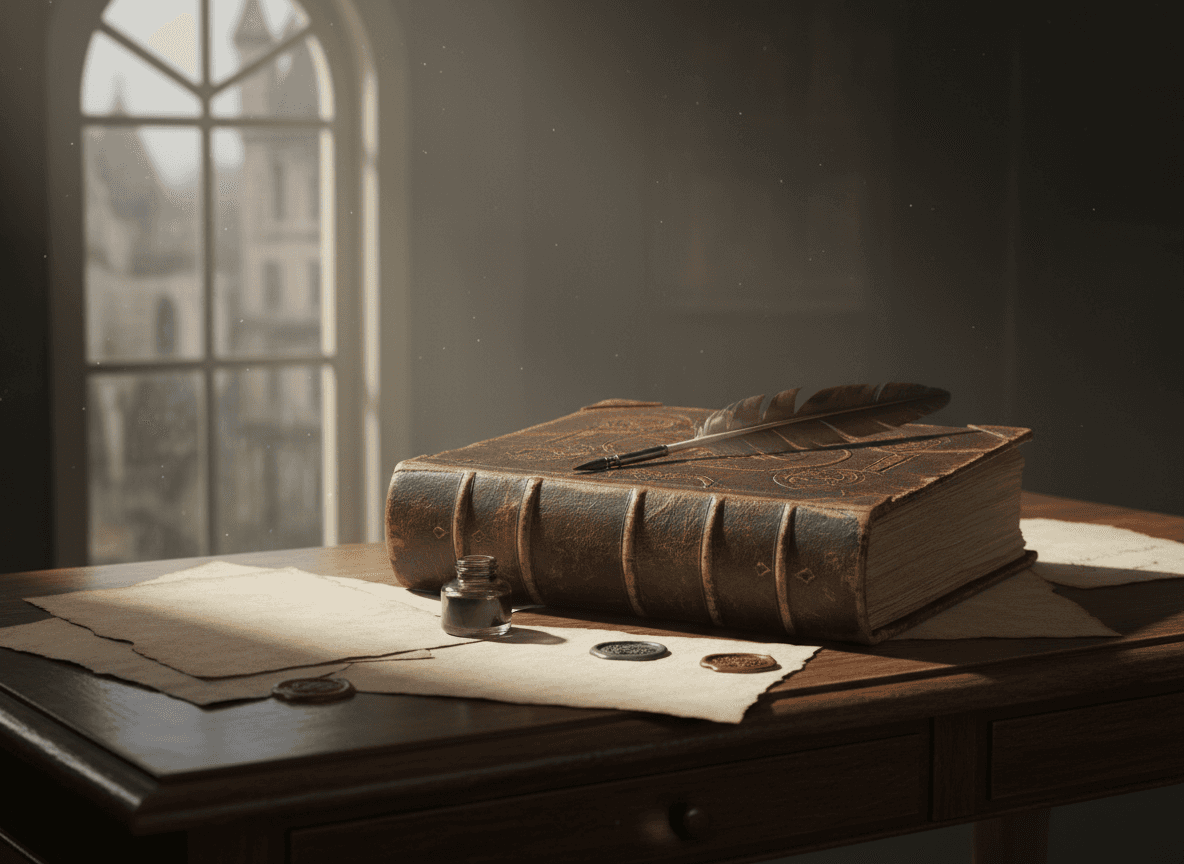 빈티지 가죽 바인딩 저널 책 목업, 깃펜, 양피지, 다크 아카데미아 미학