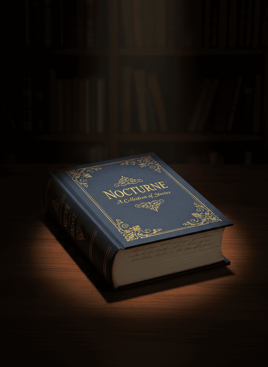 어둡고 분위기 있는 배경의 우아한 하드커버 책 목업, 단일 스포트라이트 조명, 고급스러운 미학, 살짝 펼쳐진 표지, 극적인 그림자 연출.