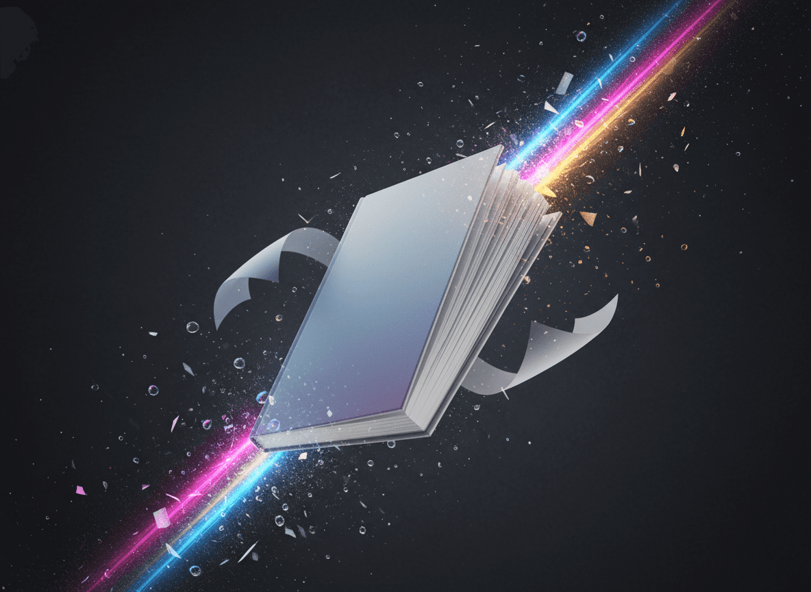 떨어지는 중 정지된 책 목업, 역동적인 움직임, 어두운 배경에 은은한 빛줄기