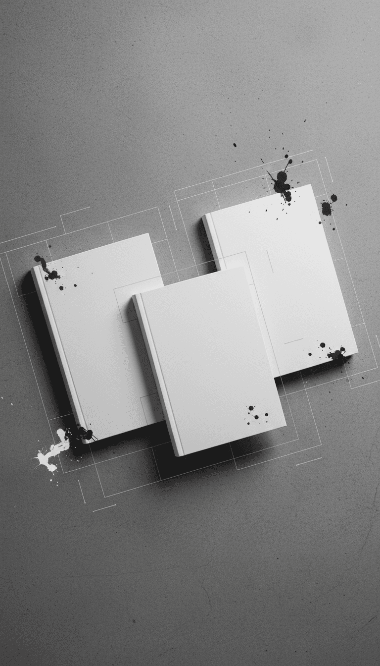 질감 있는 회색 배경 위에 약간 겹쳐져 예술적으로 배열된 세 권의 빈 페이퍼백 책 목업 모음. 편집 및 그래픽 디자인에 중점.