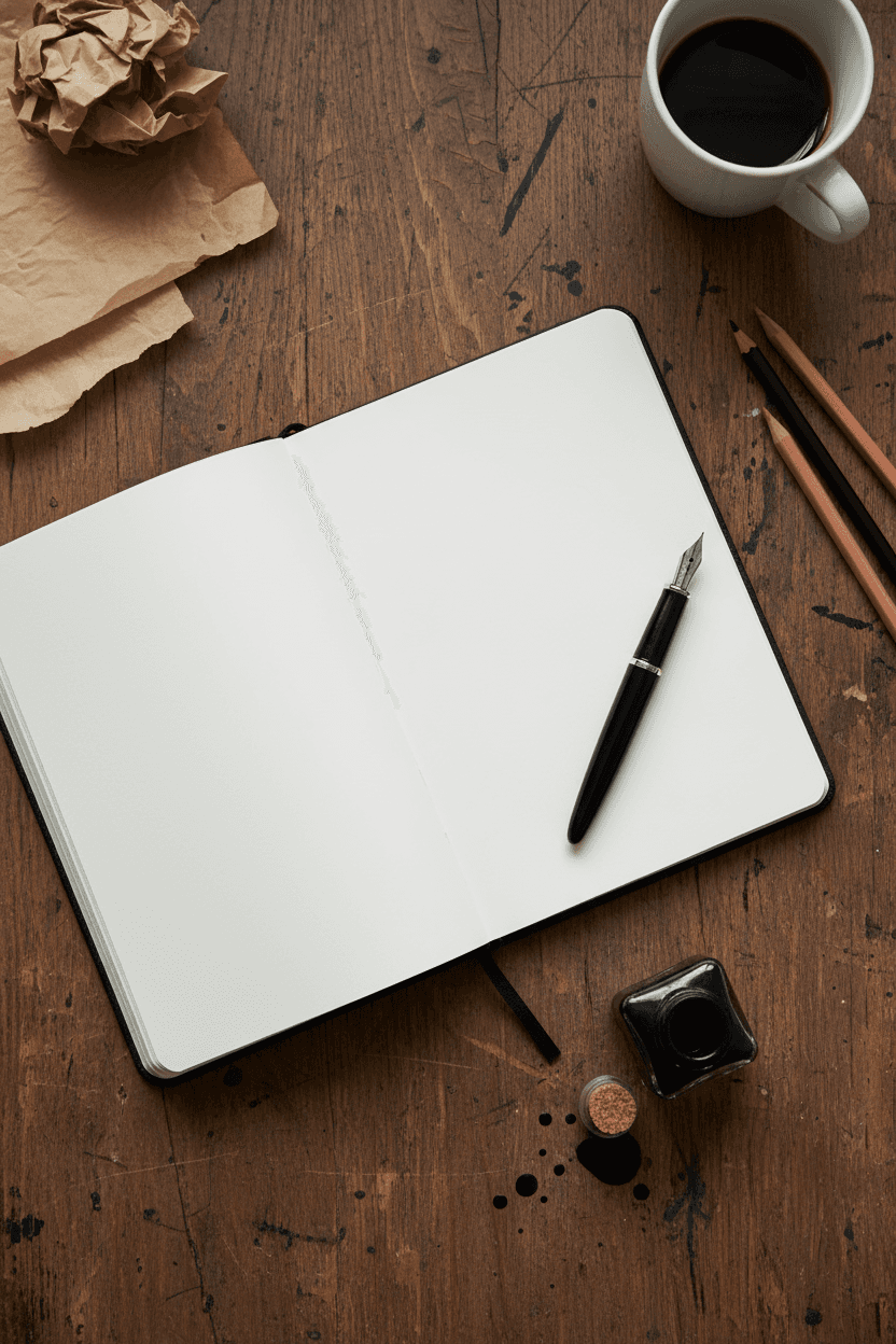 빈 페이지의 열린 노트 책 목업, 만년필과 잉크병이 있는 낡은 나무 책상, 오버헤드 뷰