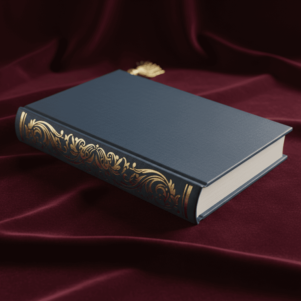 골드 포일 스탬핑 디테일이 돋보이는 고급 빈 하드커버 책 목업. 벨벳 질감의 배경에 배치되어 우아하고 세련된 럭셔리 제품 사진.