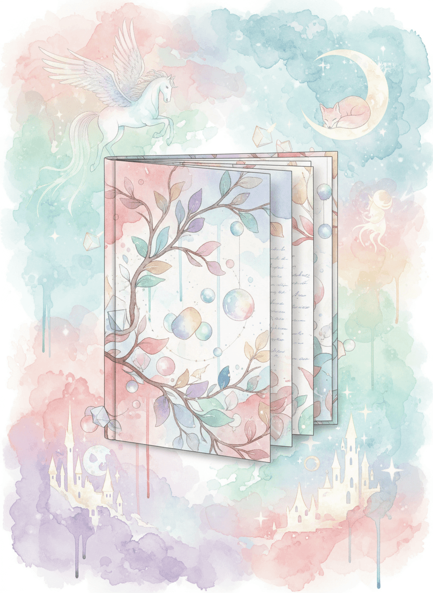 예술적인 수채화 스타일 책 목업, 부드러운 파스텔 색상의 초현실적이고 신비로운 배경, 몽환적이고 상상력이 풍부한, 붓놀림 효과, 창의적이고 독특한 디자인.