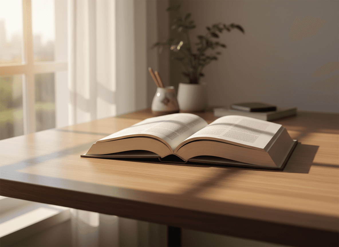 미니멀한 나무 책상 위에 놓인 펼쳐진 하드커버 책 목업. 부드러운 자연광이 비치고 디자인 삽입을 위한 빈 공간이 있다.