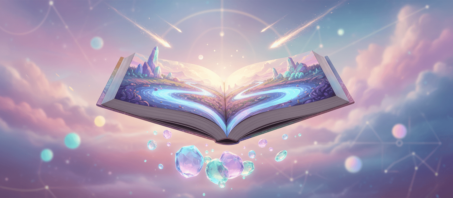 초현실적이고 꿈결 같은 환경에 떠 있는 책 목업, 추상적인 모양과 부드러운 빛 속에서
