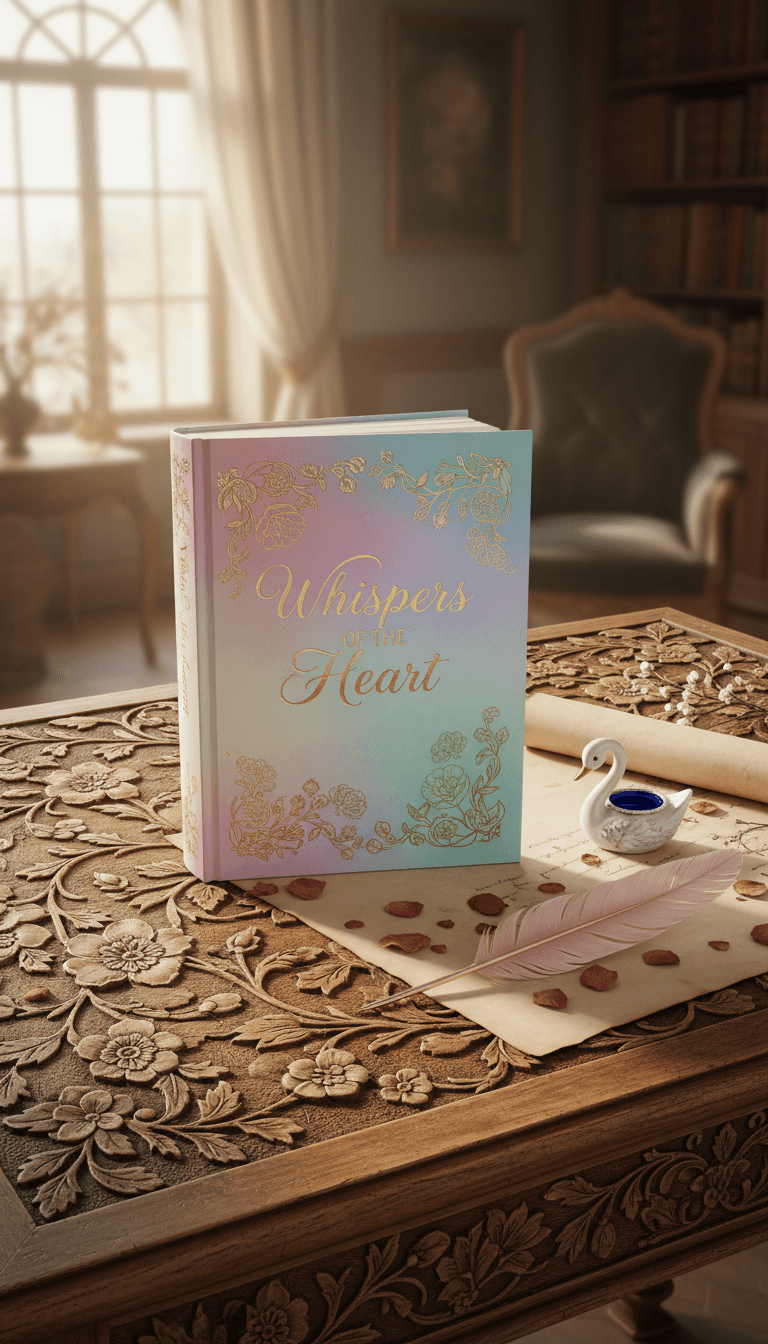 부드러운 파스텔 표지의 우아한 시집 목업, 깃털 펜, 빈티지 책상 위의 정교한 꽃무늬