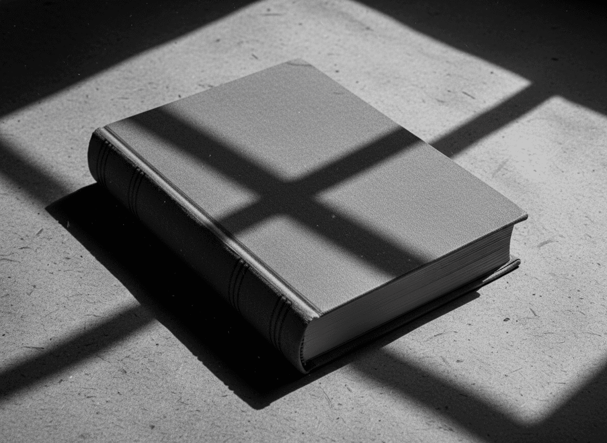 회색 톤의 책 목업, 강렬한 대비, 질감 있는 거친 종이, 극적인 영화 같은 조명, 창틀의 두드러진 그림자, 느와르 영화 미학, 흑백 사진.